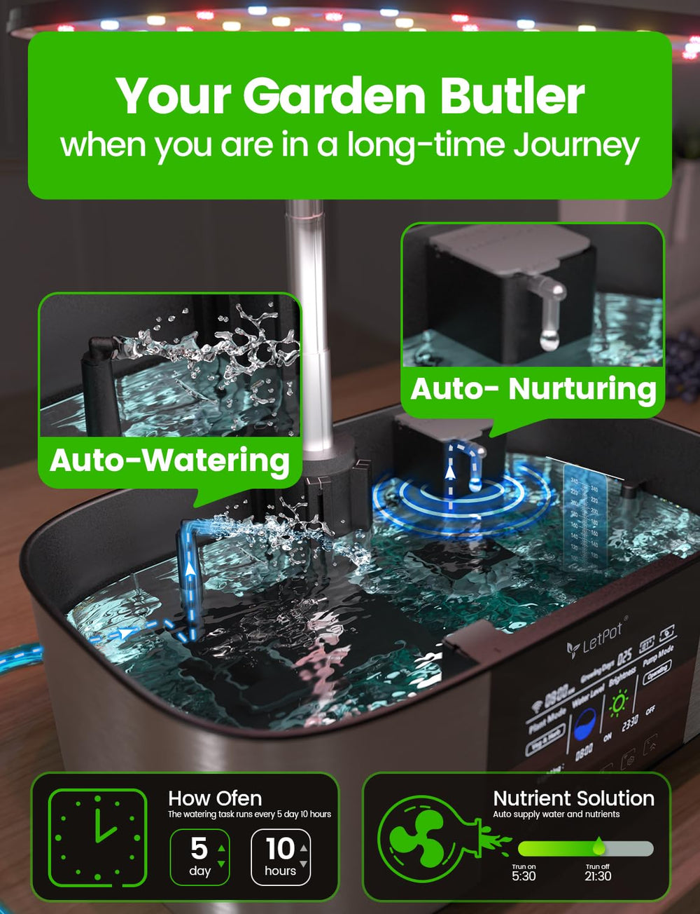 LPH-Max hidroponikus termesztőrendszer készlet, 21 kapszula, alkalmazás és WiFi, automatikusan vezérelhető, intelligens beltéri kert 36 W-os LED-fénnyel, automatikus csepegtető öntözőkészlet, önfelügyelt ápolás