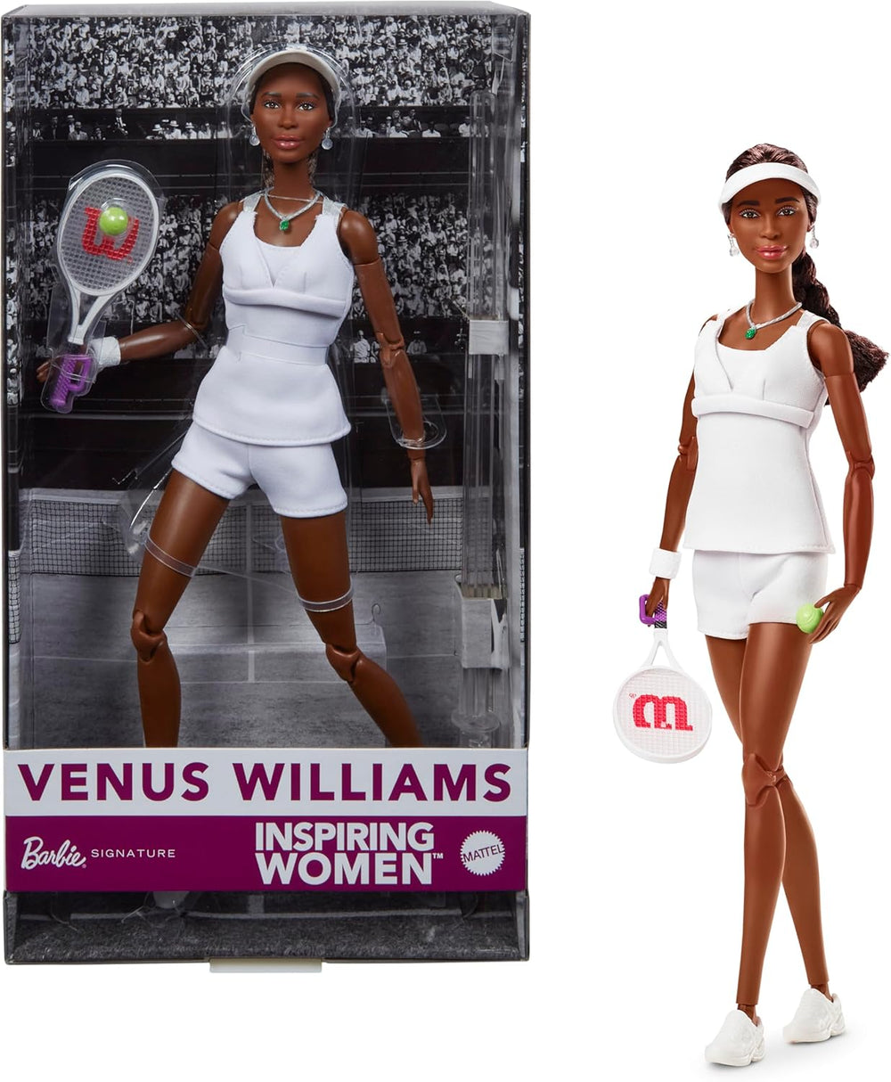 Barbie Inspiring Women Series, Venus Williams Modepuppe mit charakteristischer Tennis-Uniform und Schläger, inklusive ausstellbarer Verpackung, HRM49