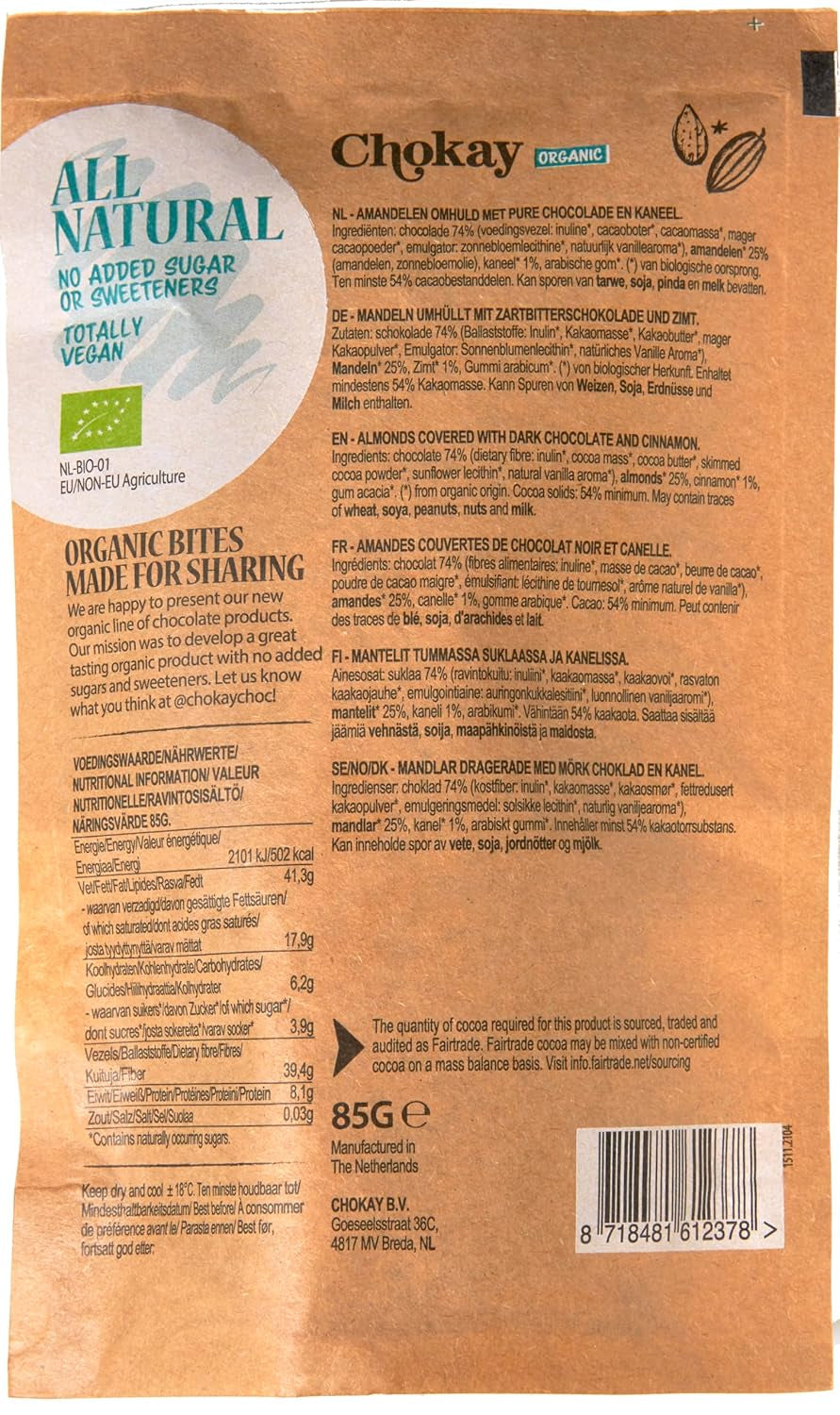 Bio falatok – fahéjas mandula és ét belga csokoládé mandula / Hozzáadott cukor, édesítőszerek nélkül / Vegán és Fair Trade / 1 x 85 g