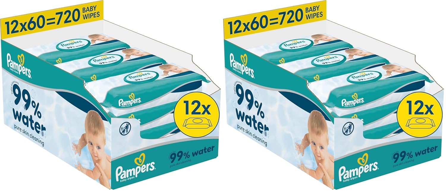 Pampers 99%-os vizes babatörlő, 12 csomag, egyenként 60 darabos törlőkendő = 720 babatörlő, könnyű lotion 99%-os víz