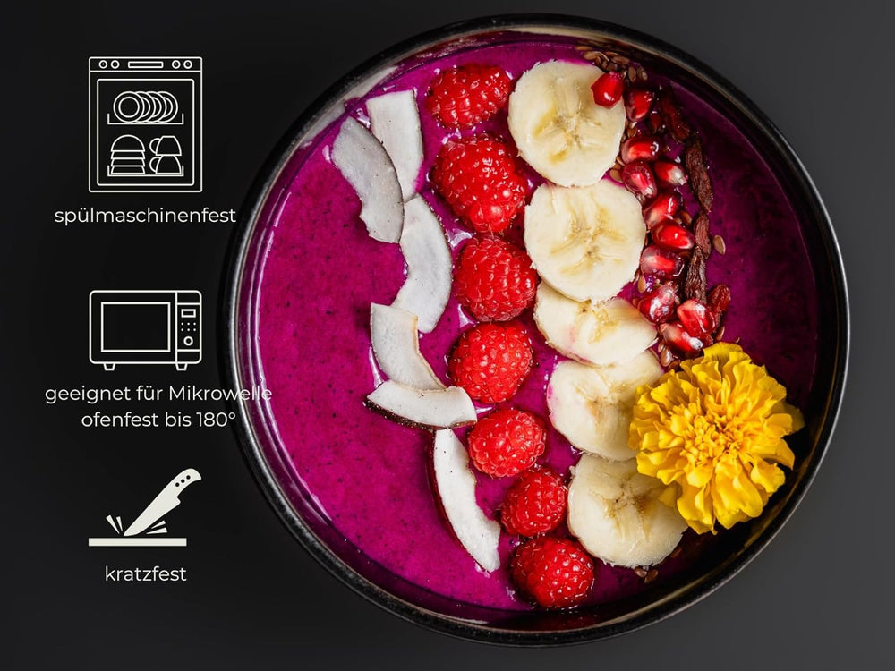 Set de veselă din gresie, set de bol și farfurii negre [12 piese pentru 4 persoane] Set de veselă neagră, 100% lucrat manual, cu glazură reactivă de calitate premium