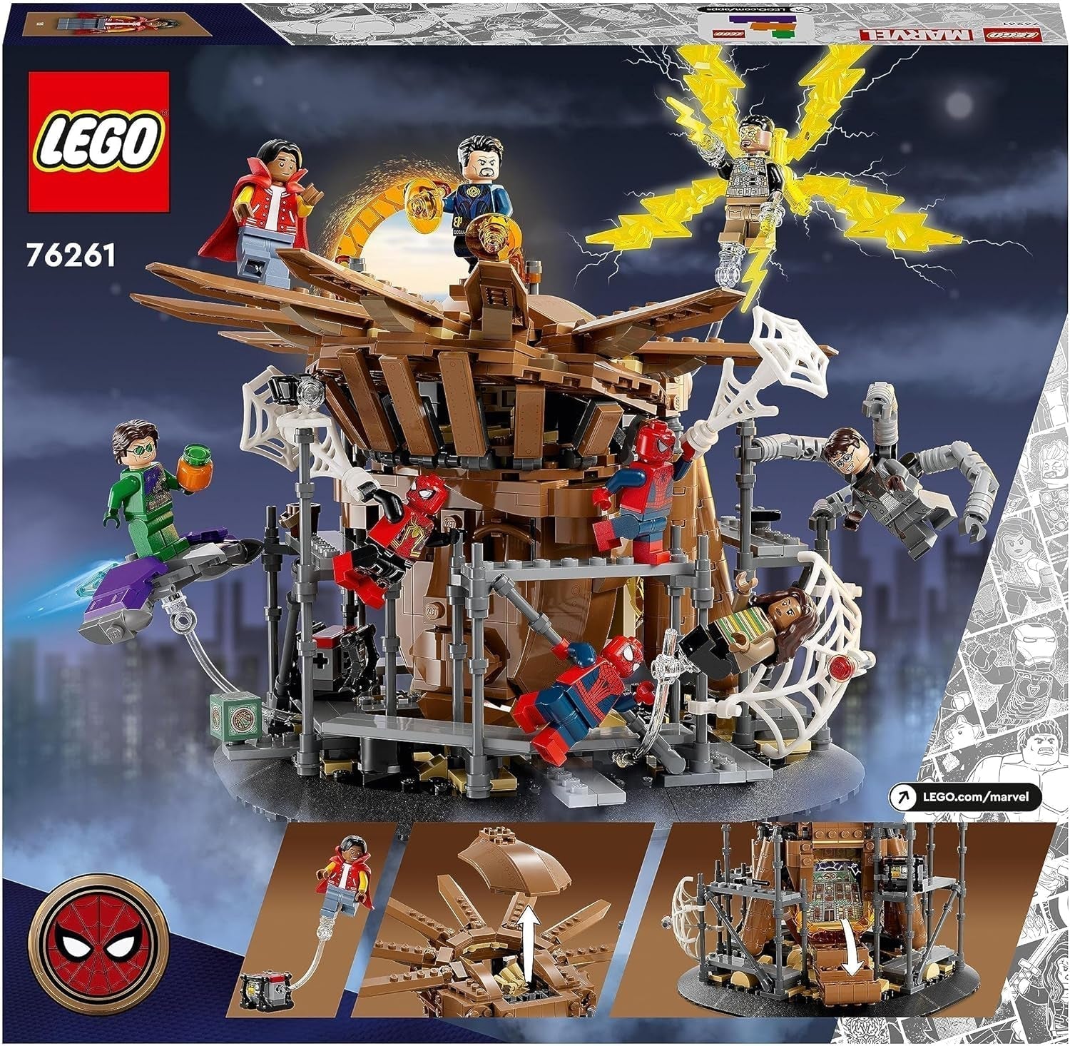 LEGO 76261 Marvel Spider-Man's Big Showdown, Spider-Man: No Way Home készlet 3 minifigurával, Peter Parkerrel, valamint Green Goblinnal, Electroval, Sandmannel, Neddel, Doctor Strange-gel és MJ-vel, gyűjthető modell Építőkészletek Besuche den LEGO-Store