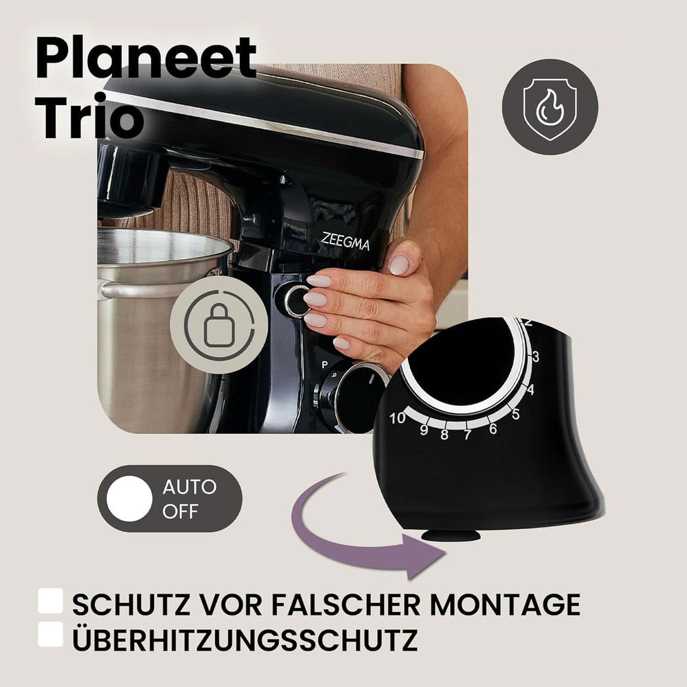 ZEEGMA PLANEET TRIO Planetenroboter, 1500 W, Multifunkcionális Küchenmaschine Mit 3 Schüsseln 4 L, 4,5 L és 5,2 L, 10 Betriebsgeschwindigkeiten, Mixer Mit Haken, Schneebesen (Schwarz) Mother and Child Naty Shop
