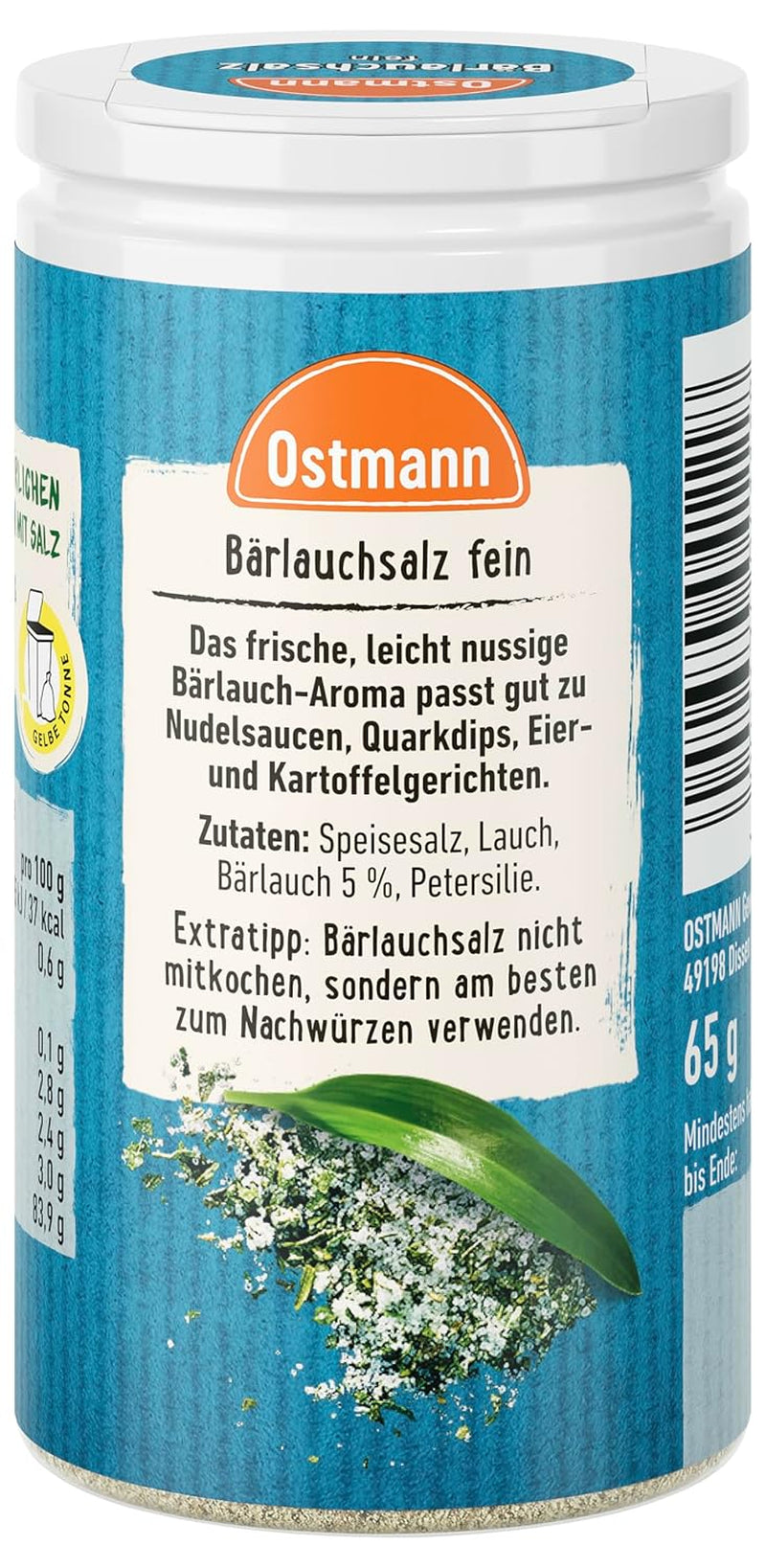Ostmann Gewürze - Bärlauchsalz | Ideális Herzhaften Gemüse oder Fleischgerichten Recyclebare, nachfüllbare Streudose | 65 g Streuerben