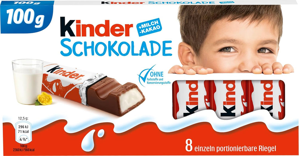 Kinder Chocolate – töltött tejcsokoládészeletek – 1 csomag 24 darab különálló szeletet (24 x 12,5 g) tartalmaz.
