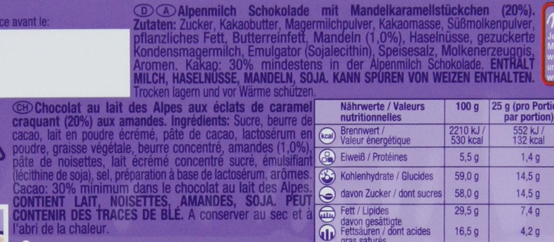 & Daim 1 x 100 g I alpesi tejcsokoládé I karamell- és manduladarabokkal I 100% alpesi tejcsokoládé I Daim-szelet csokoládé (4 db-os csomag)