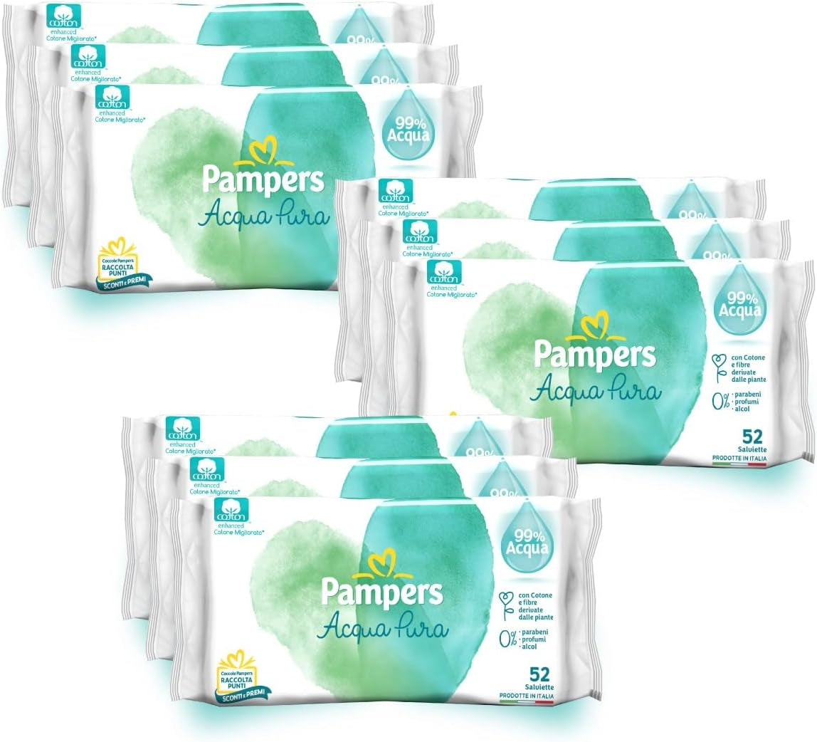 Pampers Acqua Pura Baby Wipes 468 Count (3 csomag) - 99% víz, 100% pamut, 0% műanyag, alkohol és parabének - Ideális tisztító törlőkendő érzékeny bőrre, nedves, hozzáadott összetevők nélkül