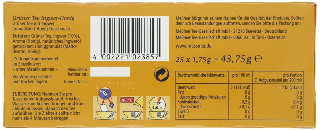 Ceai verde Meßmer cu ghimbir și miere | 25 pliculețe de ceai | Vegan | Fără gluten | Fără lactoză