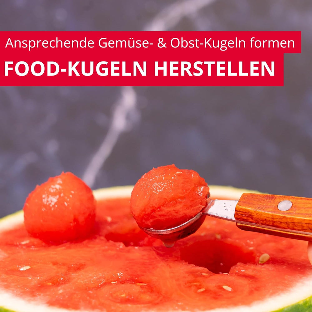 Westmark Baller cu două fețe Woody – Formator mic de bile pentru pepene, kiwi, alte fructe și legume, precum și înghețată, cremă de brânză sau unt – Oțel inoxidabil, lemn
