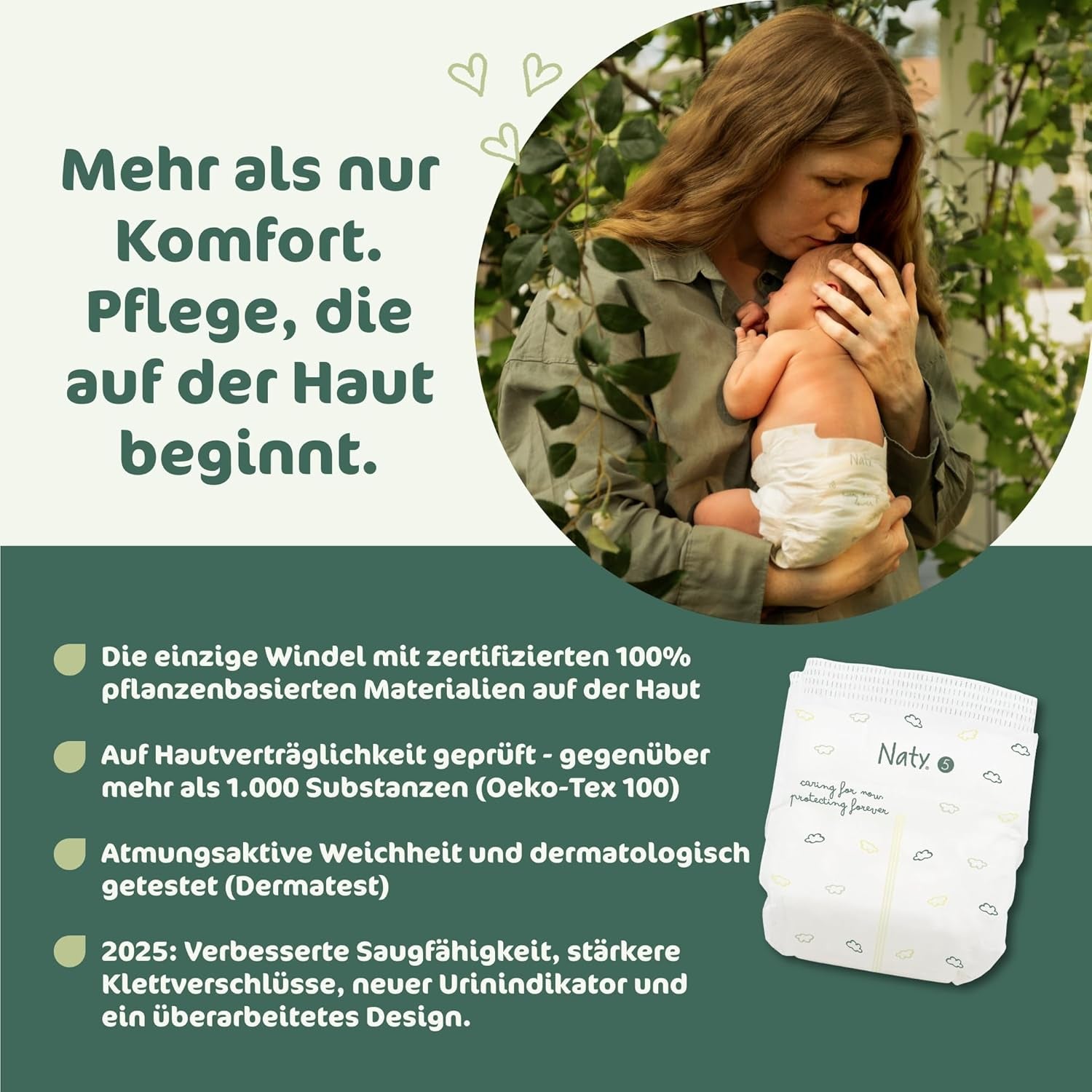 Naty BioEmbrace babapelenka, 5-ös méret (11-25 kg) | 100%-ban növényi alapú anyagok, gyengéd a bőrhöz | Légáteresztő puhaság, bőrgyógyászatilag tesztelt, kiváló felszívódás | 80 db.