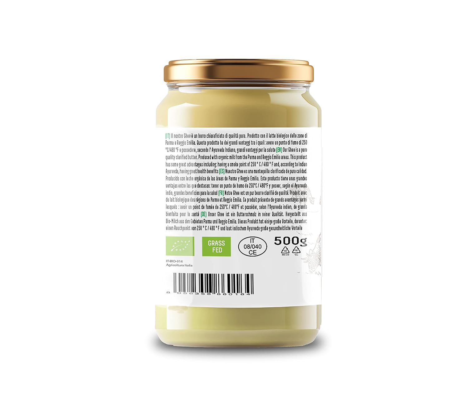 Cibo Bio Ghee 500g – Milch aus Parma und Reggio Emilia – Hergestellt in Italien – Weidekühe – Rauchpunkt 250°C – Aus Centrifugensahne