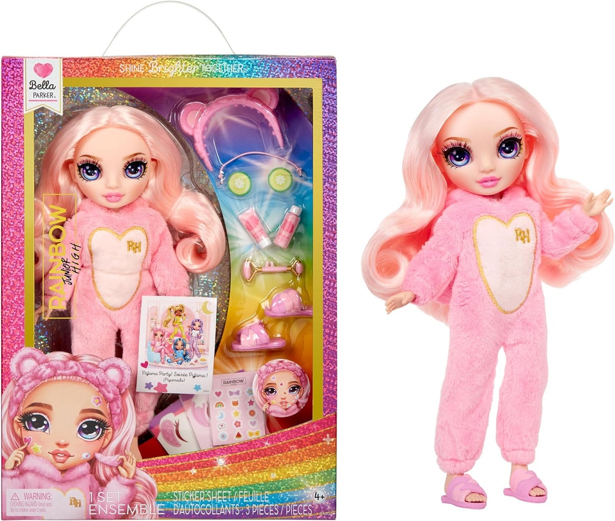 Rainbow High Junior High PJ Party - Bella (Pink) - 22 cm Puppe mit weichem Einteiler, Hausschuhen und Spielzubehör - Kinderspielzeug - Ideal für 4-12 Jahre