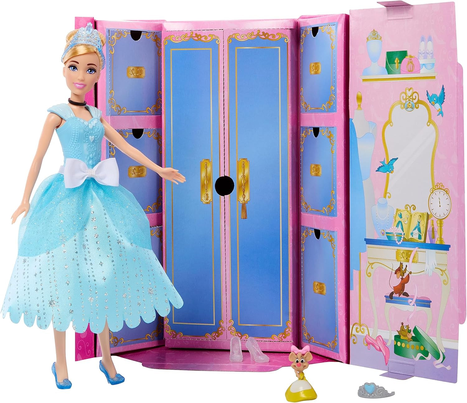 Mattel DISNEY Princess Hamupipőke - mozgatható baba csillogó ruhával, levehető cipőkkel és tiarával, fésülhető haj fodrászatokhoz, 3 éves kortól gyerekeknek, HLW06 Naty Shop babák Hamupipőke baba divatkészlet