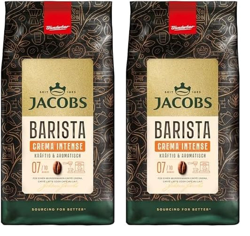 Boabe de cafea Jacobs Barista Crema Intense 1kg – Intensă, Ciocolată neagră și pecan, Boabe Arabica și Robusta, Intensitate 7/10, ideală pentru Café Crema (Pachet de 2)