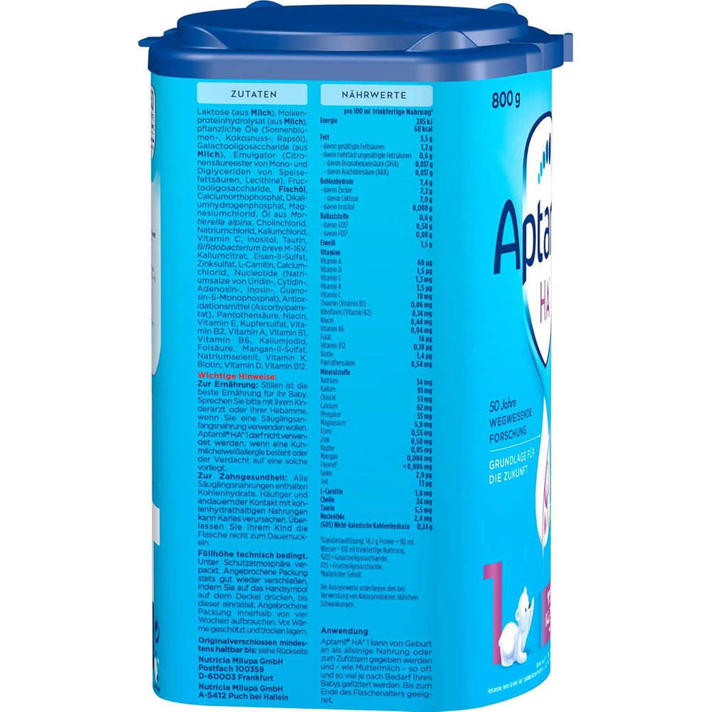 Aptamil HA 1 – Anfangsmilch von Geburt an, Mit DHA, Nur Lactose, Ohne Palmöl, Babynahrung, Milchpulver, 1x800 g (Packung mit 4)