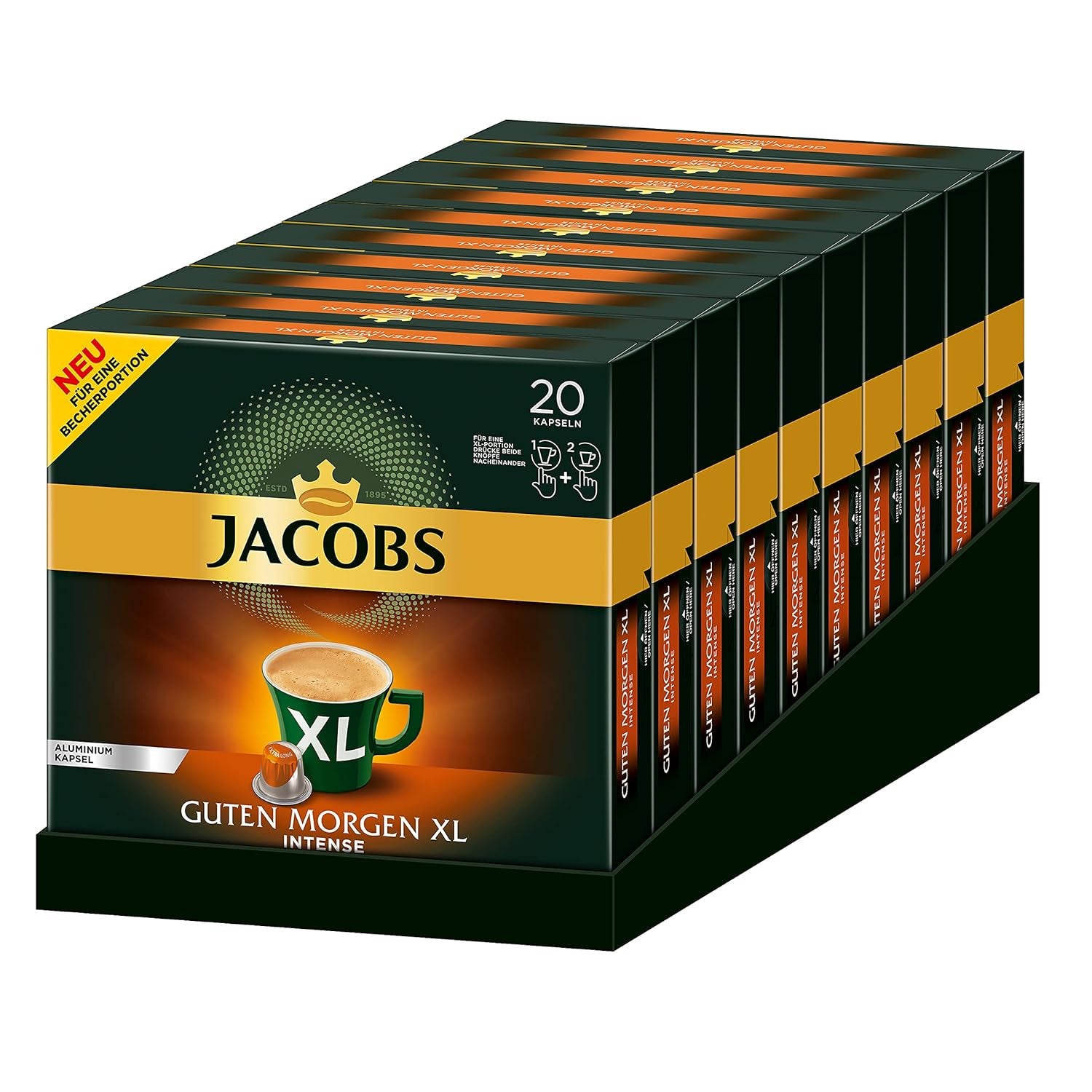 Jacobs Kaffeekapseln Guten Morgen XL Intense - 10er Pack (10 x 20 Getränke) & Kaffeekapseln Lungo Intenso, Intensität 8 von 12, 200 Nespresso®* kompatible Kapseln, 10 x 20 Getränke