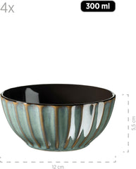 Set de veselă MÄSER 931966 Confino Series pentru 4 persoane, aspect vintage modern, set de mic dejun din ceramică, 12 piese, culoare petrol cu accente negre, gresie