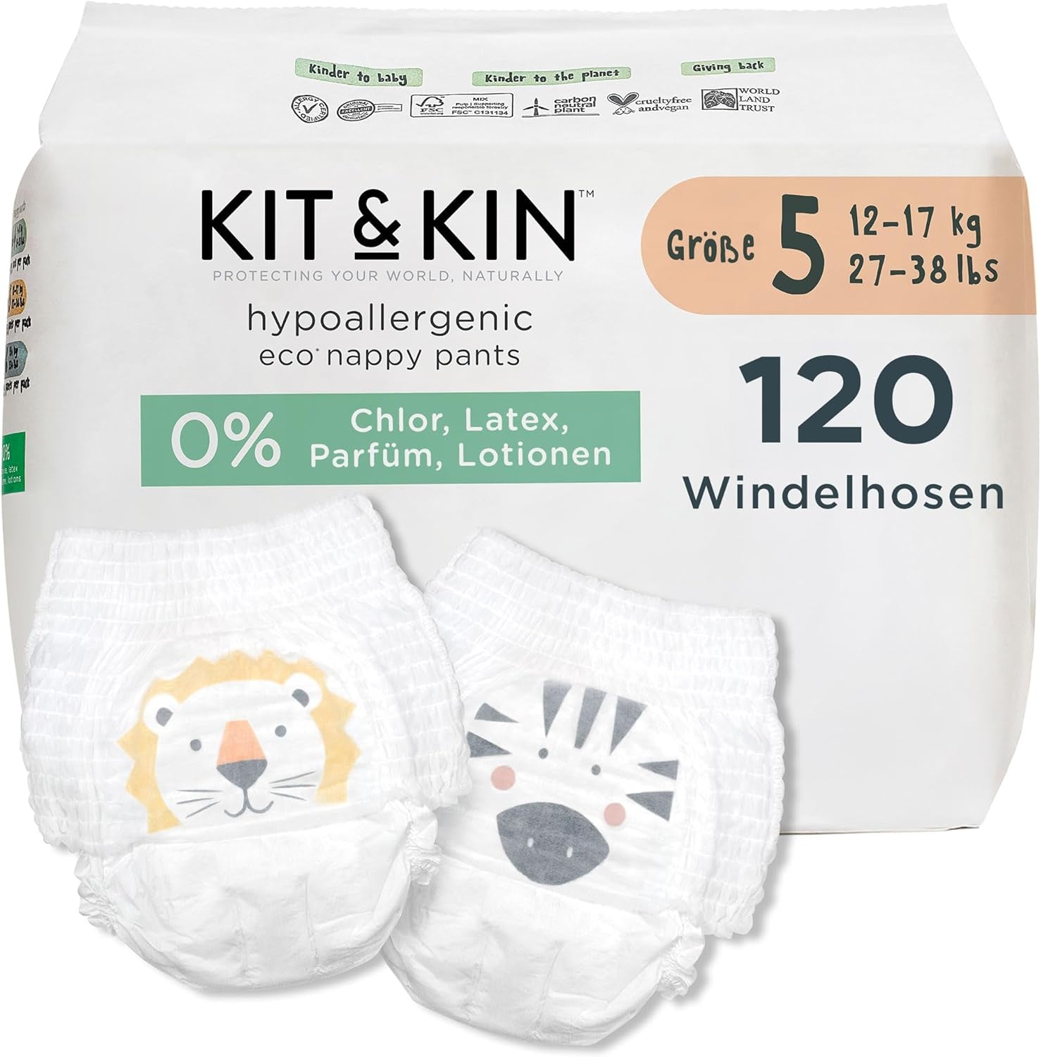 Kit & Kin Premium Eco pelenkák, 4-es méret (9-16 kg), 132 pelenka, növényi alapú és hipoallergén, megbízható szivárgásvédelem, vegán és kegyetlenség mentes