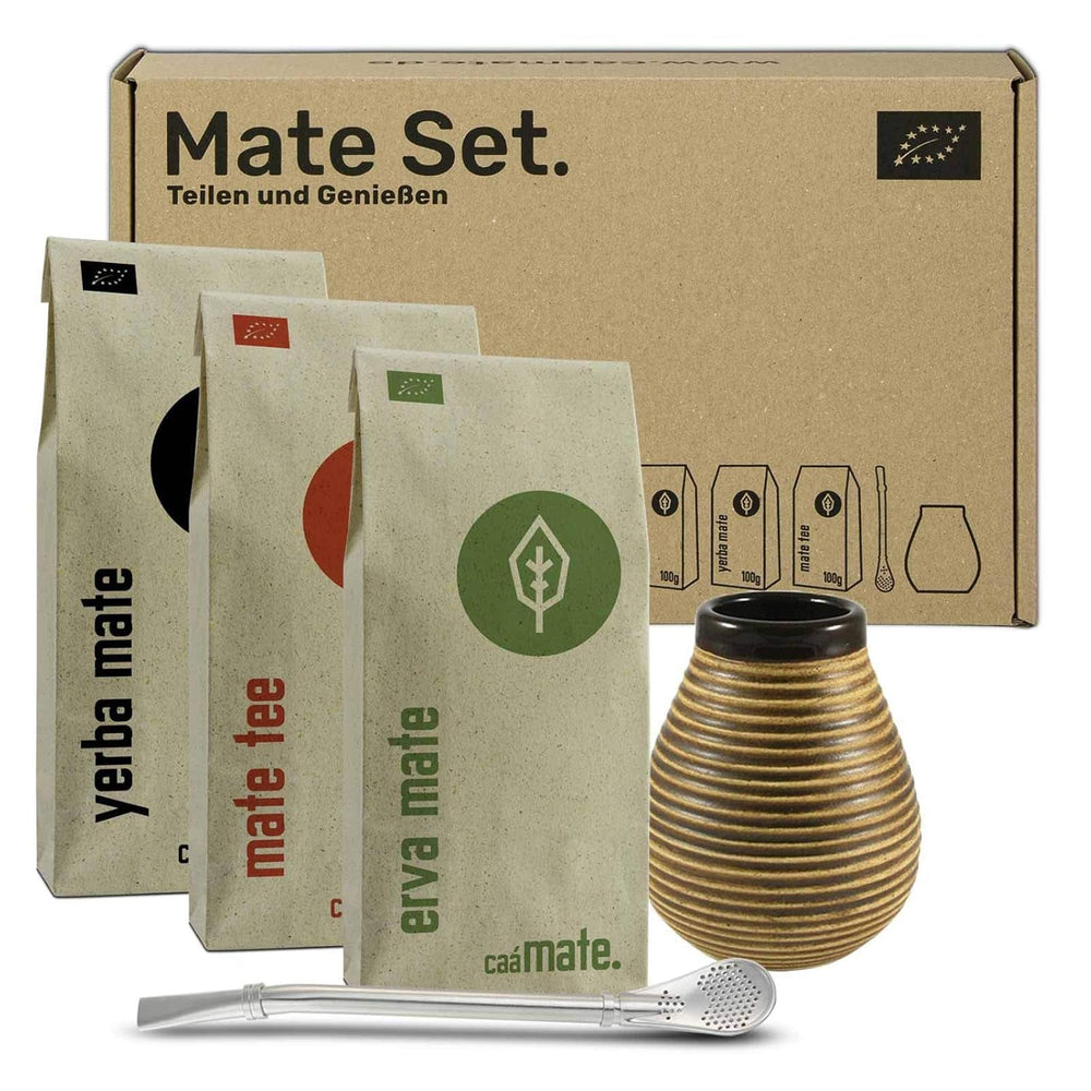 Set de ceai Mate din ceramică ● 3 sortimente de Mate BIO + cană Mate + Bombilla + instrucțiuni de preparare (Vintage)