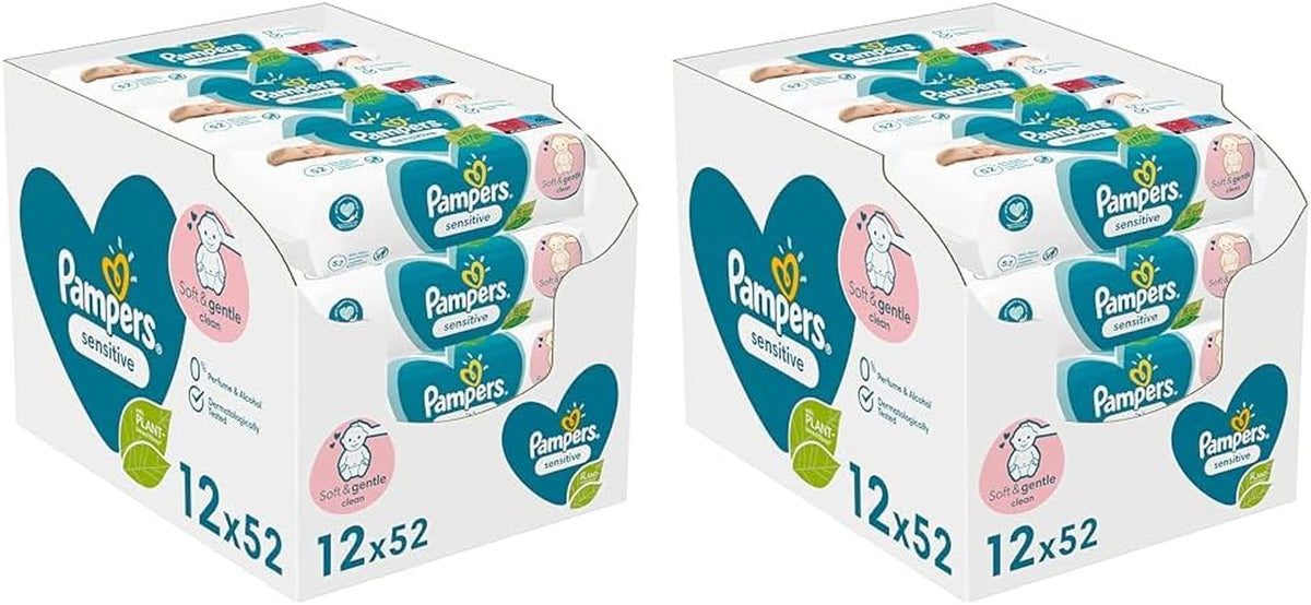 Pampers Sensitive babatörlő, 624 törlőkendő (12 x 52), illatmentes, a gyengéd, gyengéd tisztításhoz (2 db-os csomag)