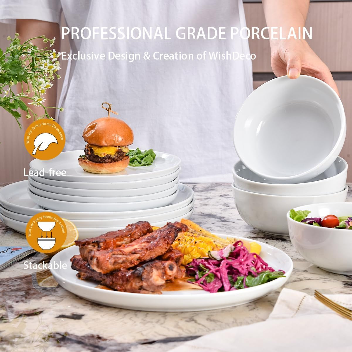 Set de veselă cu 12 piese, serviciu de masă din porțelan pentru 4 persoane, set de veselă albă cu farfurii, farfurii de desert și boluri pentru cereale