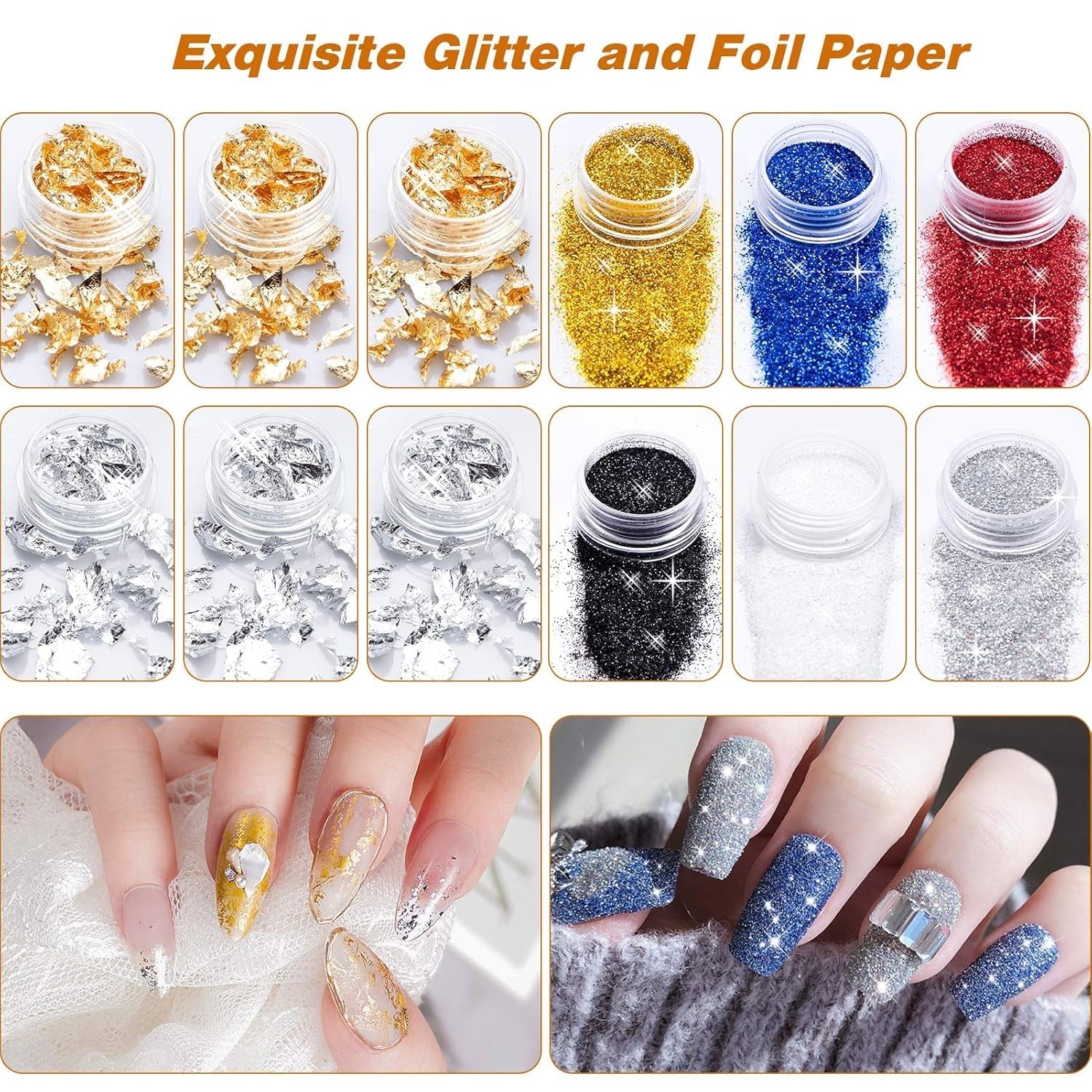 MELLIEX 45 Stück Nail Art Dekoration Zubehör Set, Nägel Pinsel Strasssteine Glitzer Goldfolie Nageldesign Dotted Pen Streifenband Für Nagelkunst Maniküre Set