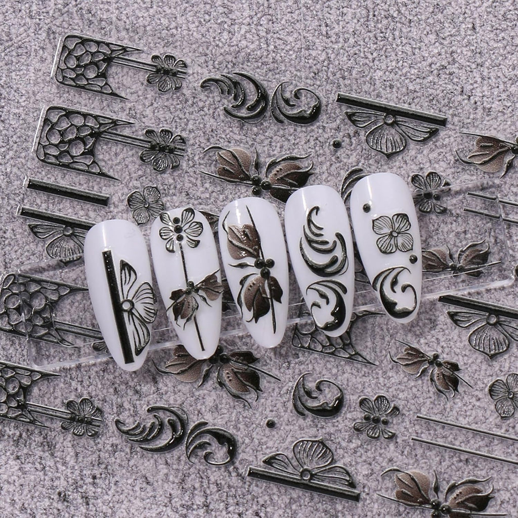 JMEOWIO 3D Nagelsticker Schwarz Weiß Blume Nail Art Sticker Selbstklebend Nagelaufkleber 5D Stereoskopisch Blumen Dekoration Nageldesign Zubehör 4 Blatt
