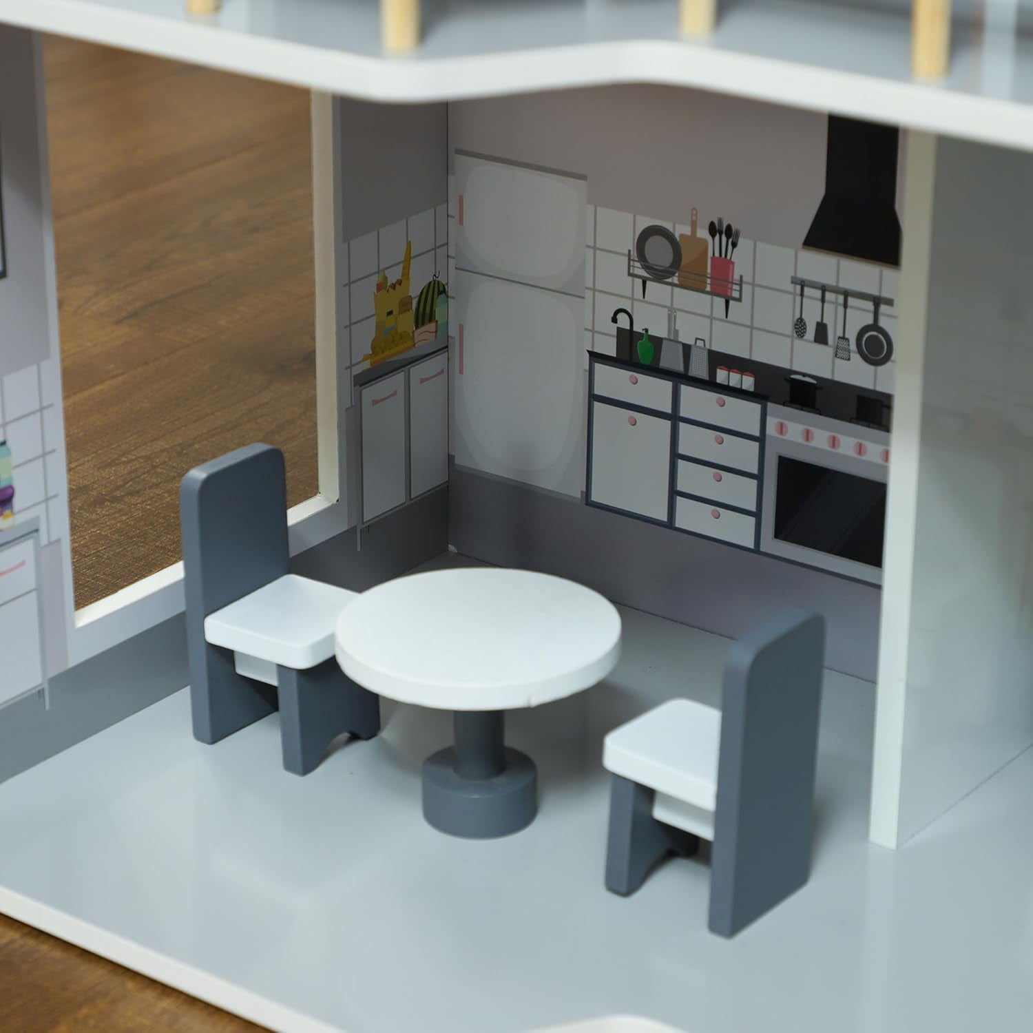 AIYAPLAY Casă de păpuși din lemn, casă de joacă cu 3 etaje cu 13 piese de mobilier, accesorii, 85,3 cm înălțime Casă de păpuși pentru copii de 3-6 ani, gri Casute de papusi Naty Shop