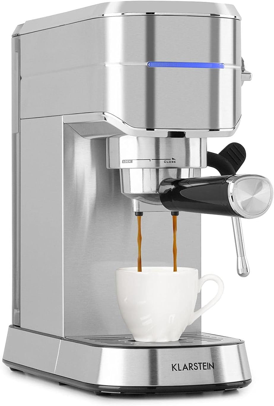 Klarstein Futura Espressor, Espressor cu Filtru Portabilă, 1450 W, 20 bar, Calitate Barista, Duză Dublă, Stop debit, Espressor cu Filtru Portabilă, Funcție de Spumare a Laptelui, Argintiu