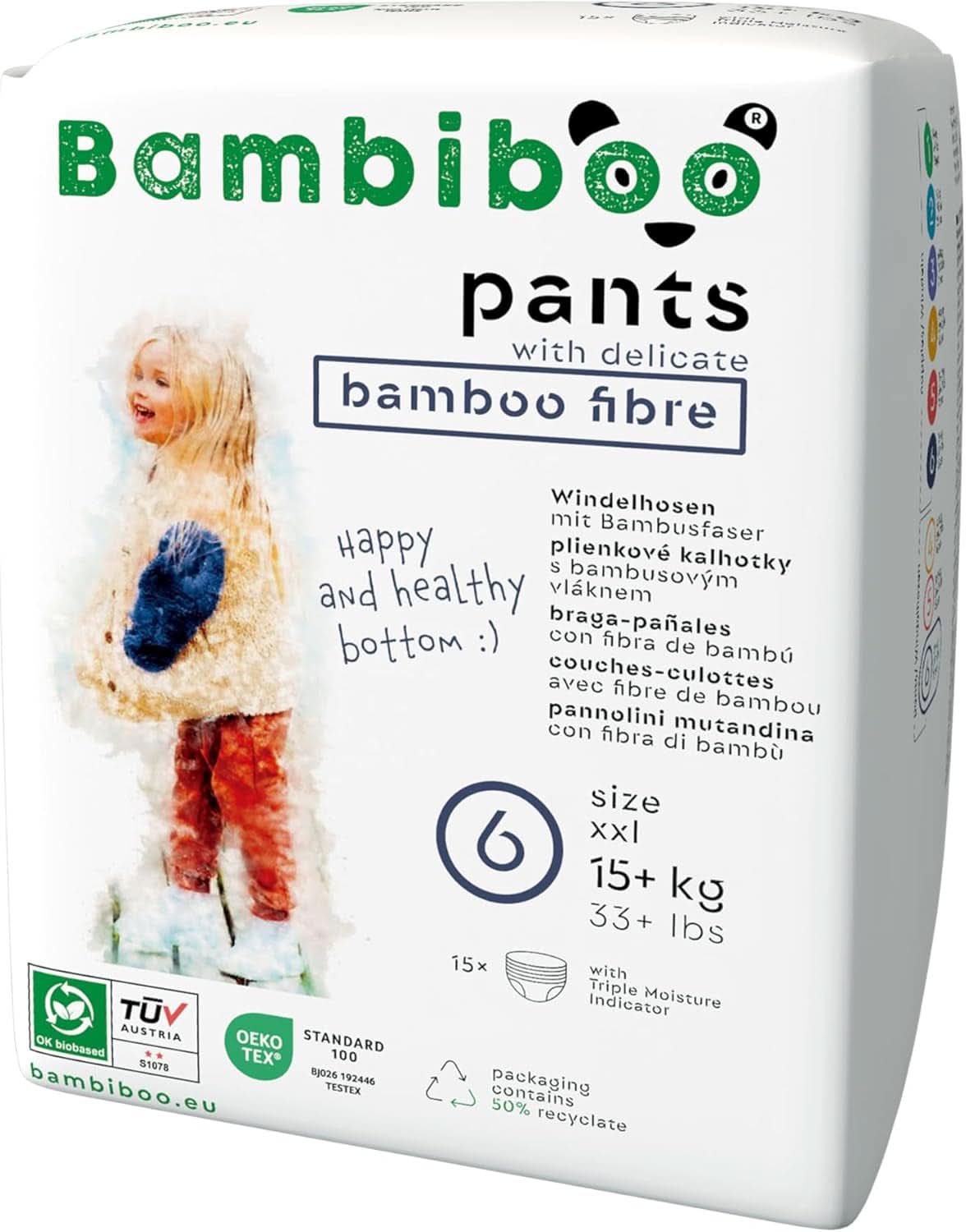 Bambiboo Scutece de unică folosință, prietenoase cu pielea, cu fibre fine de bambus - pantaloni scutece de unică folosință Mama si Copilul Naty Shop Pantaloni scutec, marimea 6, 15 bucati