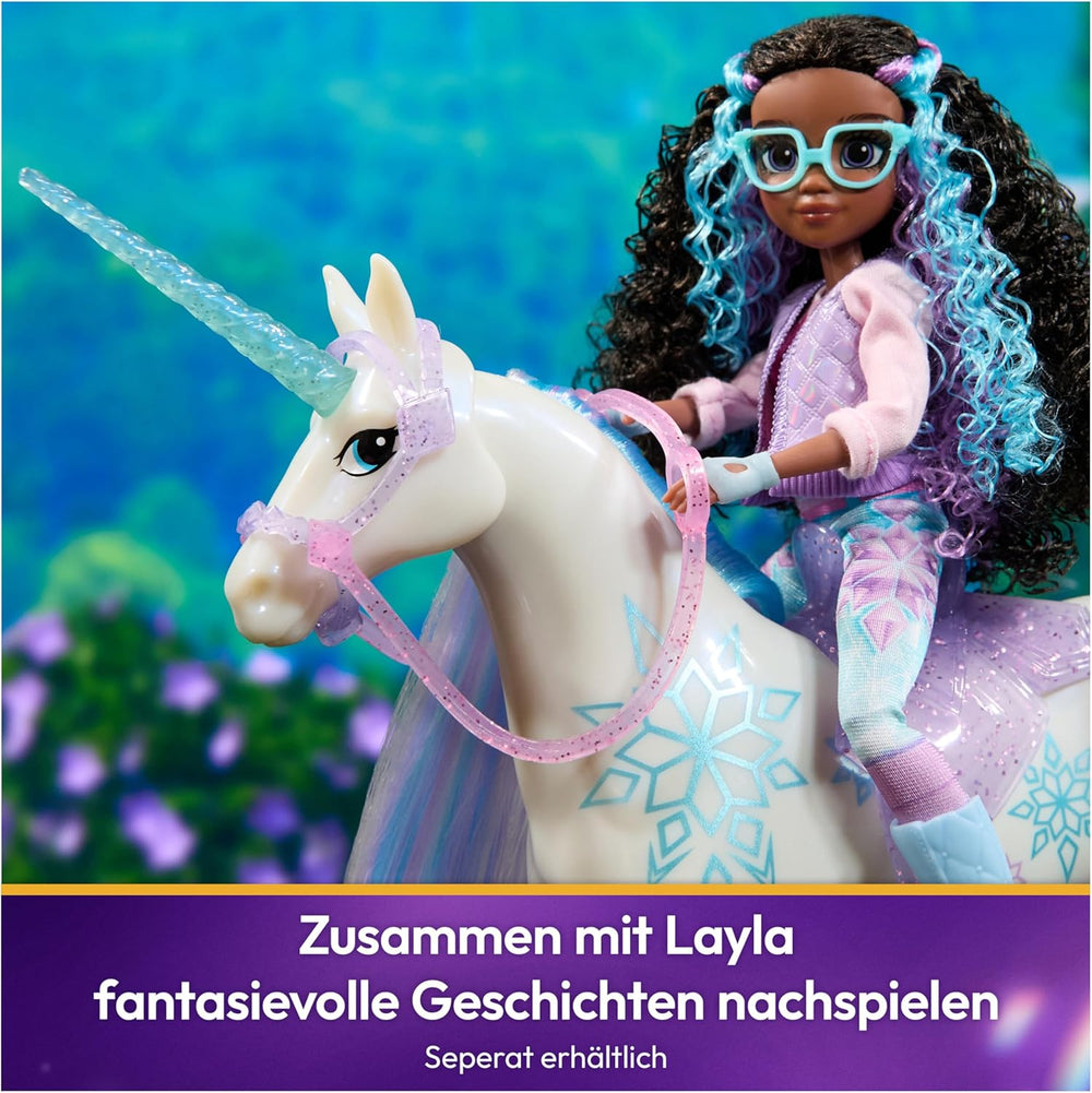 Unicorn Academy Unicorn Glacier - 28 cm înălțime, unicorn original din serialul Netflix al Laylei, cu coamă și coadă reale, frâu și șa detașabile și perie, pentru copii cu vârsta de 4 ani și peste