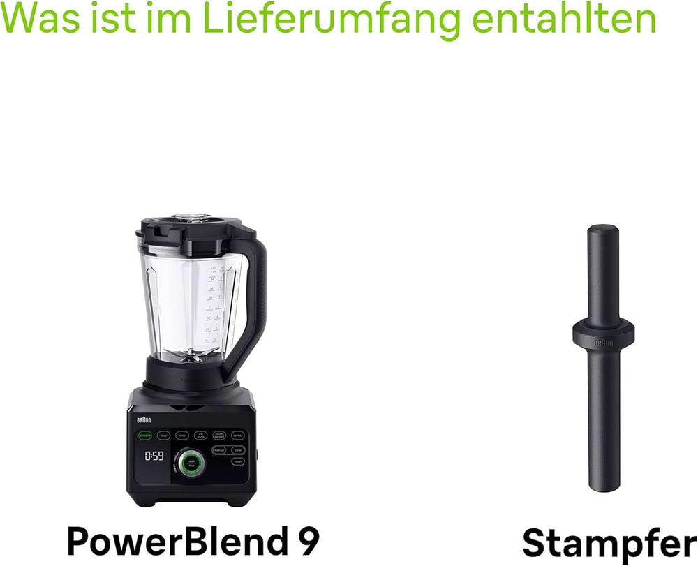 Braun Hochleistungsmixer Powerblend 9 JB9040 – Standmixer Mit Glas-Mixkrug, 18 Mixprogram, 10 Geschwindigkeiten + Pulsefunktion, Heiße Suppen Funktion, Reinigungsprogramm, Stampfer, 1600 W, Schwarz Kitchen Naty
