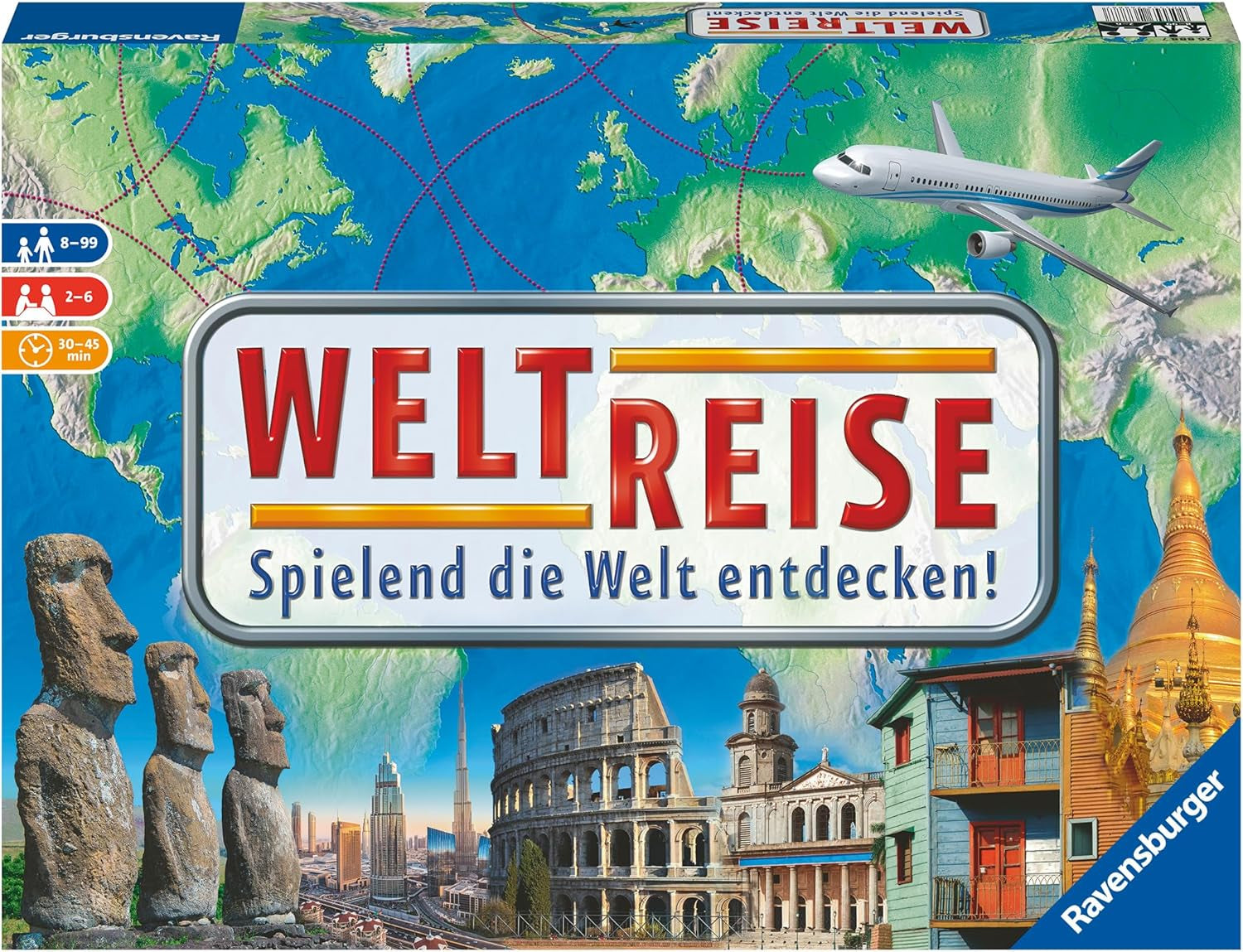 Ravensburger Family Game 26888 - Világkörút - Klasszikus családoknak, 8 éves kortól - Társasjáték, világutazás, társasjáték akár 6 játékos számára - 170+ város