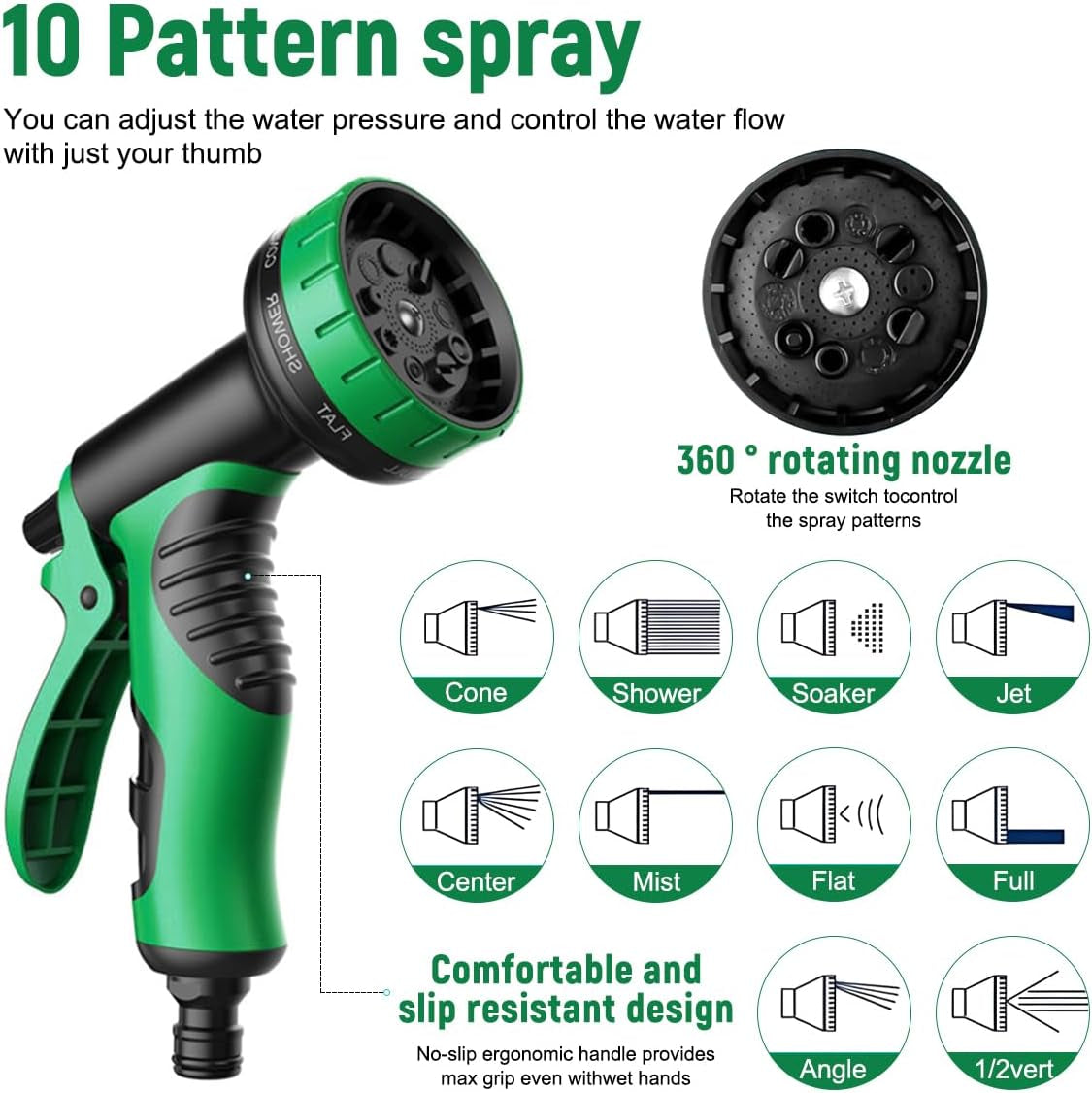 Furtun flexibil de grădină 30m/100ft verde, cu duză de pulverizare și conectori din alamă de 3/4" și 1/2", furtun de apă extensibil cu 10 funcții, extensibil de 3 ori, fără îndoituri, pentru grădină, podea, terasă, mașină
