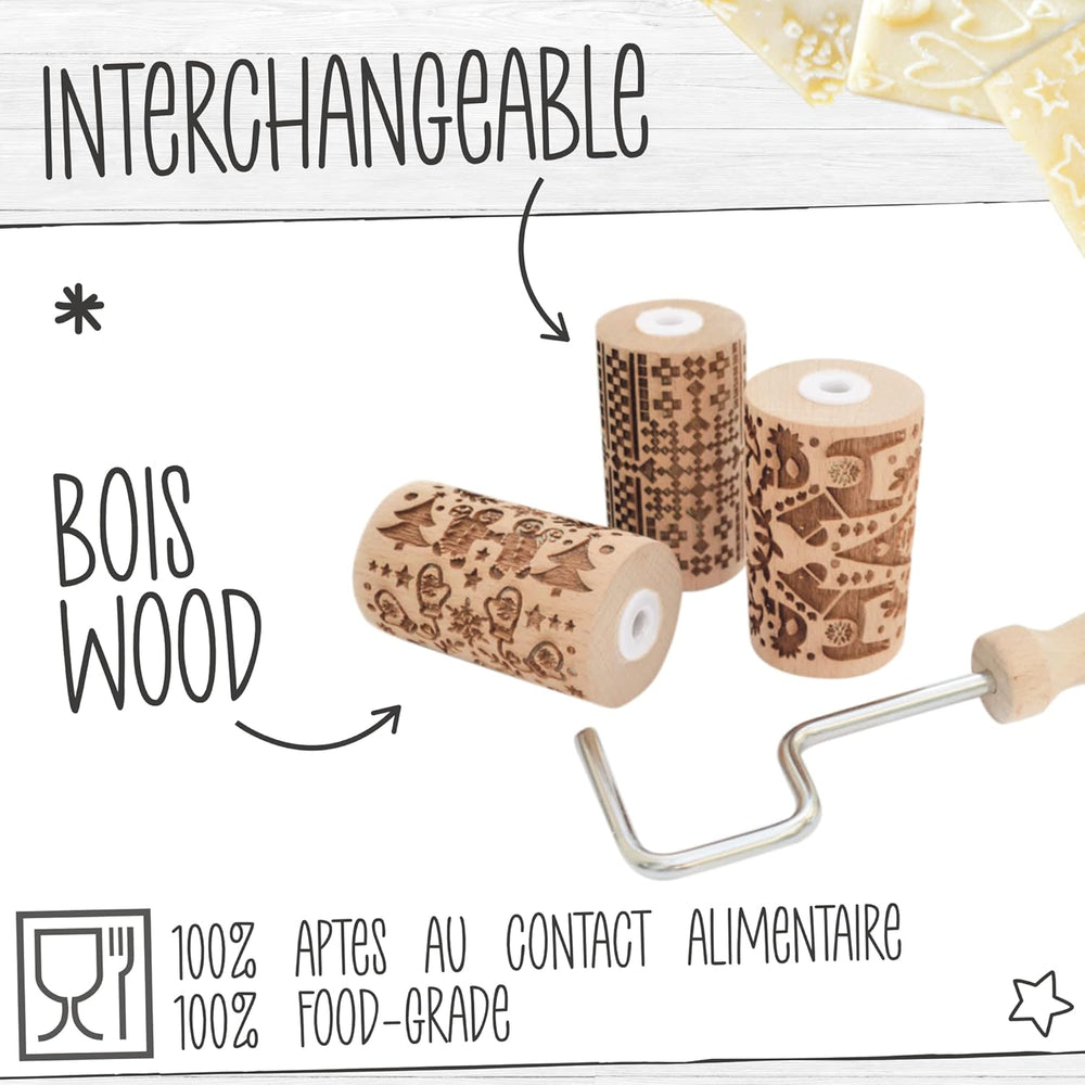 ScrapCooking 3798 karácsonyi süti tekercskészlet – 3 Mini-Gebäckrollen aus Holz mit Motiven – Dekos mit Prägung – Form für Kekse, Sandgestrahlt, Kekse