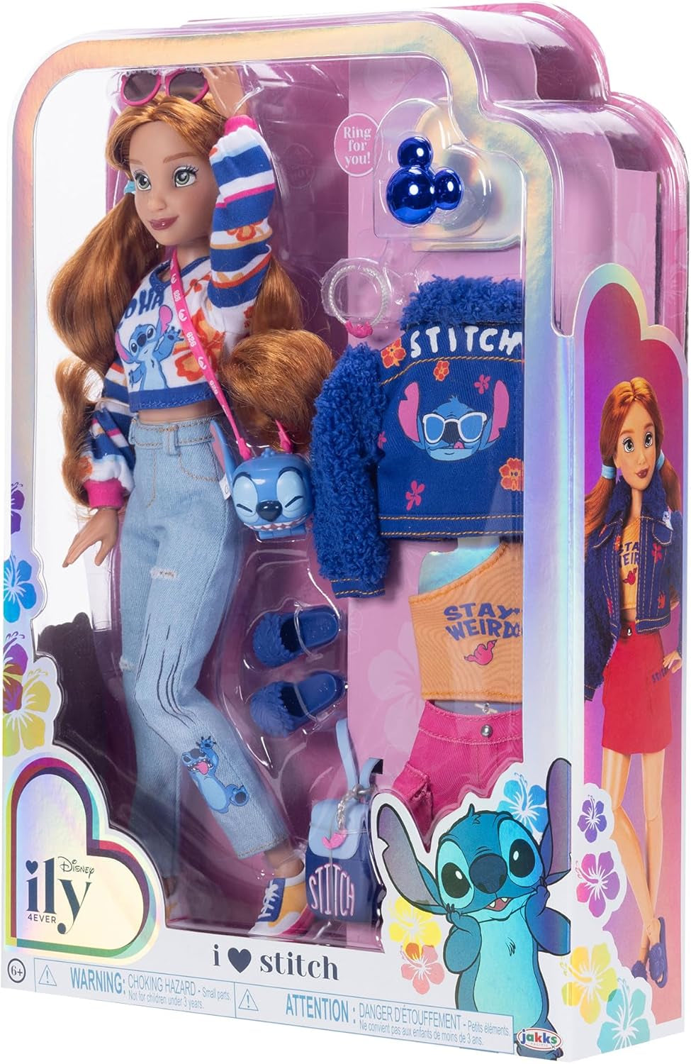 Păpuși la modă Disney ILY 4EVER Stitch cu păr roșu, 29 cm înălțime, cu 13 puncte de articulație, două ținute complete mix-and-match și un inel strălucitor cu Mickey pentru tine!