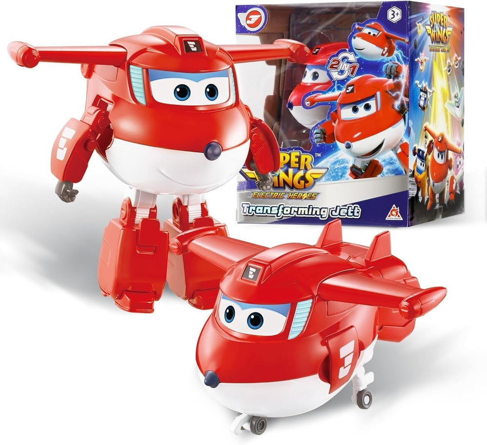 Super Wings Transformation Plane Supercharged Traver, kb. 12,7 cm-es nagy gyerekek Játékfigura Repülőgép és Robot figura fiúknak és lányoknak 3 éves kor felett ezüst akciófigurák Naty Shop Jett