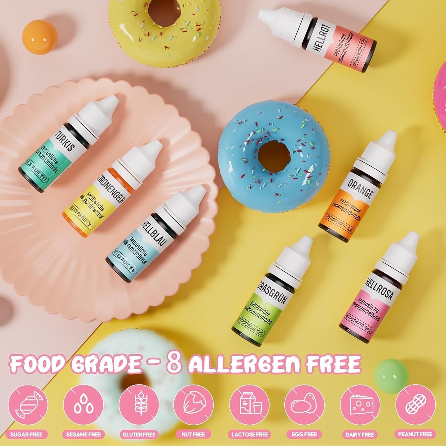 Colorant alimentar liposolubil 7 culori Macaron x 12 ml, colorant alimentar foarte concentrat pe bază de ulei pentru ciocolată, colorant alimentar pentru decorarea torturilor, brioșe, copt, glazură, fondant