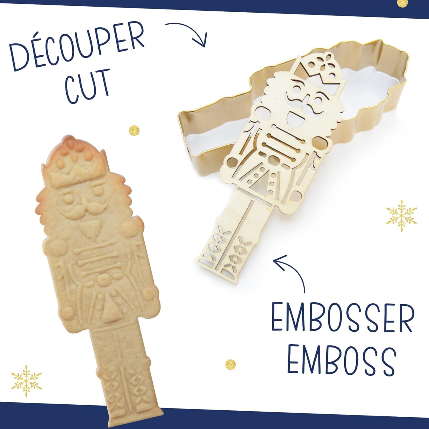 ScrapCooking - Set Forme de Biscuiți + Mașină de Gofrare Spargător de Nuci din Lemn – Formă de Biscuiți de Crăciun din Oțel Inoxidabil pentru Biscuiți în Relief – Accesoriu Formă de Coacere Sablată – Culoare Aurie – 2097