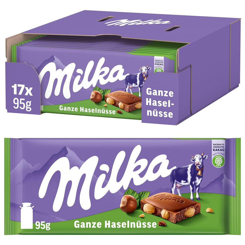 Milka Alpine Tejcsokoládé egész mogyoróval - Csokoládé ropogós dióval - 17 x 95g