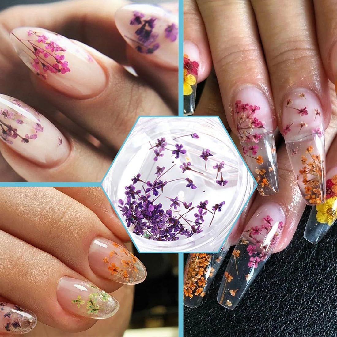 EYVRPAU 6 Stück Nail Art Flowers Set Decoration,Gelnägel Zubehör 6 Farben,Nail Art Aufkleber Trockene Blumen Kit Getrocknete Blumen Zubehör Set DIY Nageldekoration