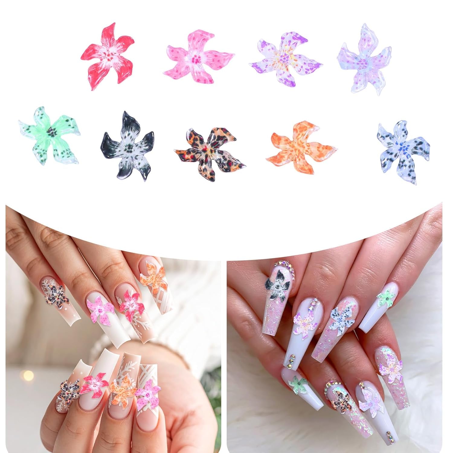 50 Pcs 3D Blumen Nägel Nail Charms Bunt Gelee Weich Kleber Lilie Flower Blume Nagel Hibiscus Zubehör Nageldesign Eis Kristall Geprägt Farbverlauf Lilien Für Mädchen Frauen Diy Basteldekoration