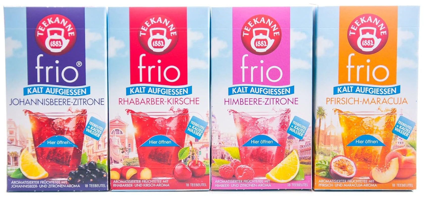 Teekanne Frio pachet de 4, rubarbă-cireșe, coacăze-lămâie, zmeură-lămâie, piersică-maracuja (4 x 45 g)