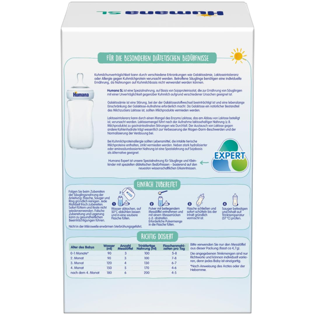 Humana SL Expert, születéstől fogva, speciális tápszer laktóz intolerancia okozta tehéntej intoleranciára, galaktoszémia vagy tehéntejfehérje allergia kezelésére, csecsemőknek és kisgyermekeknek, 600g