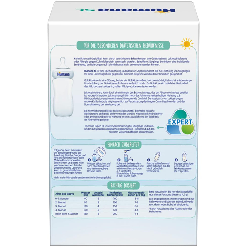 Humana SL Expert, születéstől fogva, speciális tápszer laktóz intolerancia okozta tehéntej intoleranciára, galaktoszémia vagy tehéntejfehérje allergia kezelésére, csecsemőknek és kisgyermekeknek, 600g