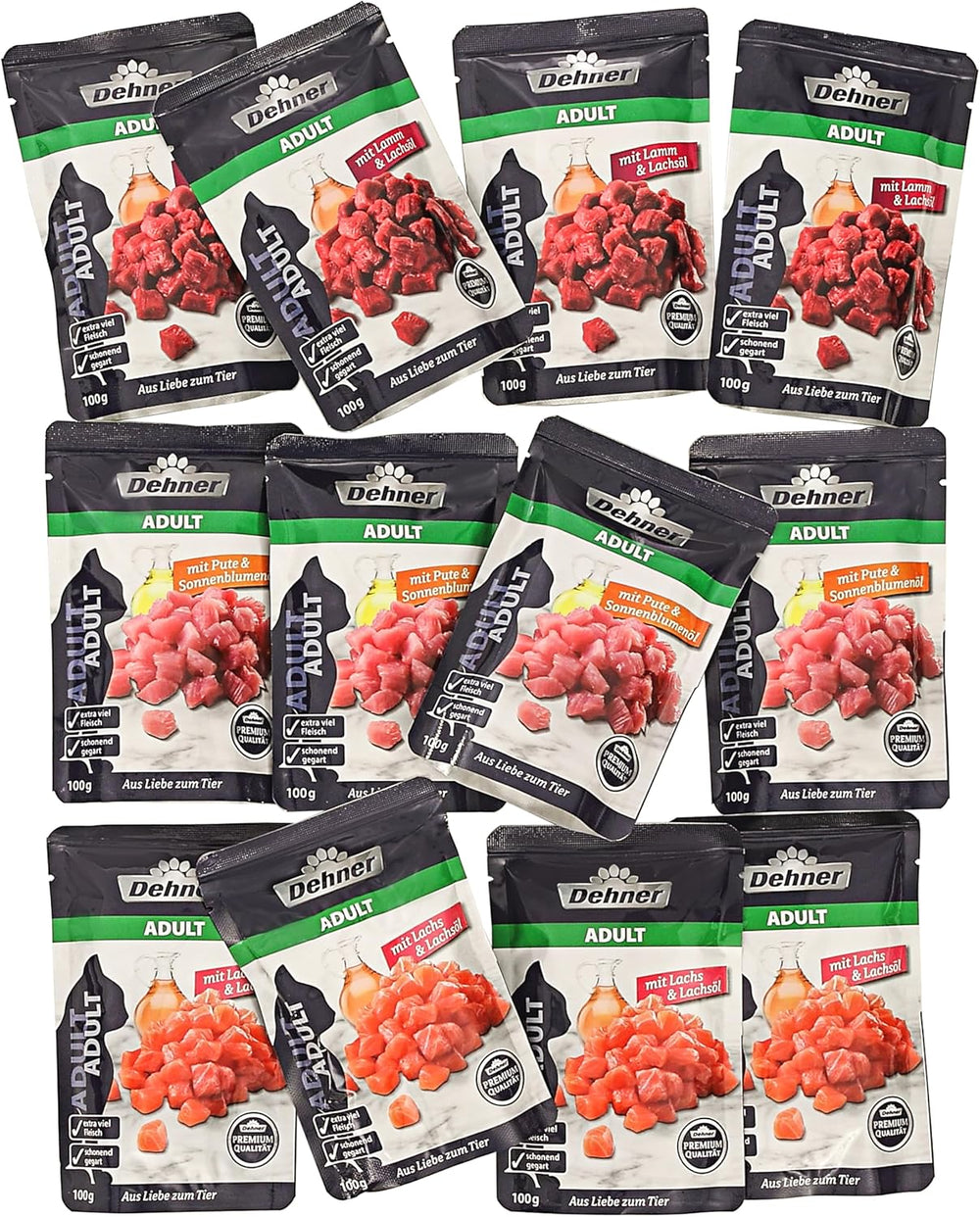 Hrană umedă Dehner Premium pentru pisici, pachet multiplu, pentru pisici adulte, 4 bucăți din fiecare: miel / curcan / somon, 12 pungi x 100 g (1,2 kg)