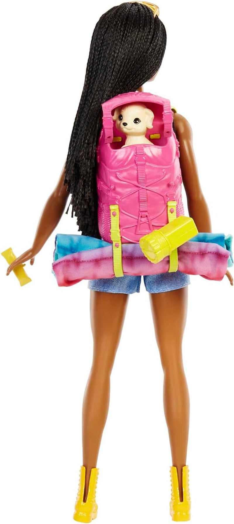 Păpușă Barbie HDF74 Twin Pack! Păpușă Brooklyn Camping (brunetă cu codițe împletite, aprox. 29 cm) cu cățeluș, rucsac, sac de dormit, 10 accesorii de camping, cadou pentru copii cu vârsta de 3 ani și peste