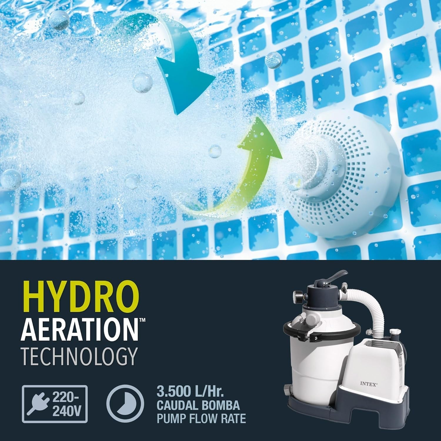 Pompă filtrantă cu nisip Intex 26642 Krystal Clear cu RCD, debit de apă 3500 l/h, debit sistem 2000 l/h, plastic, alb