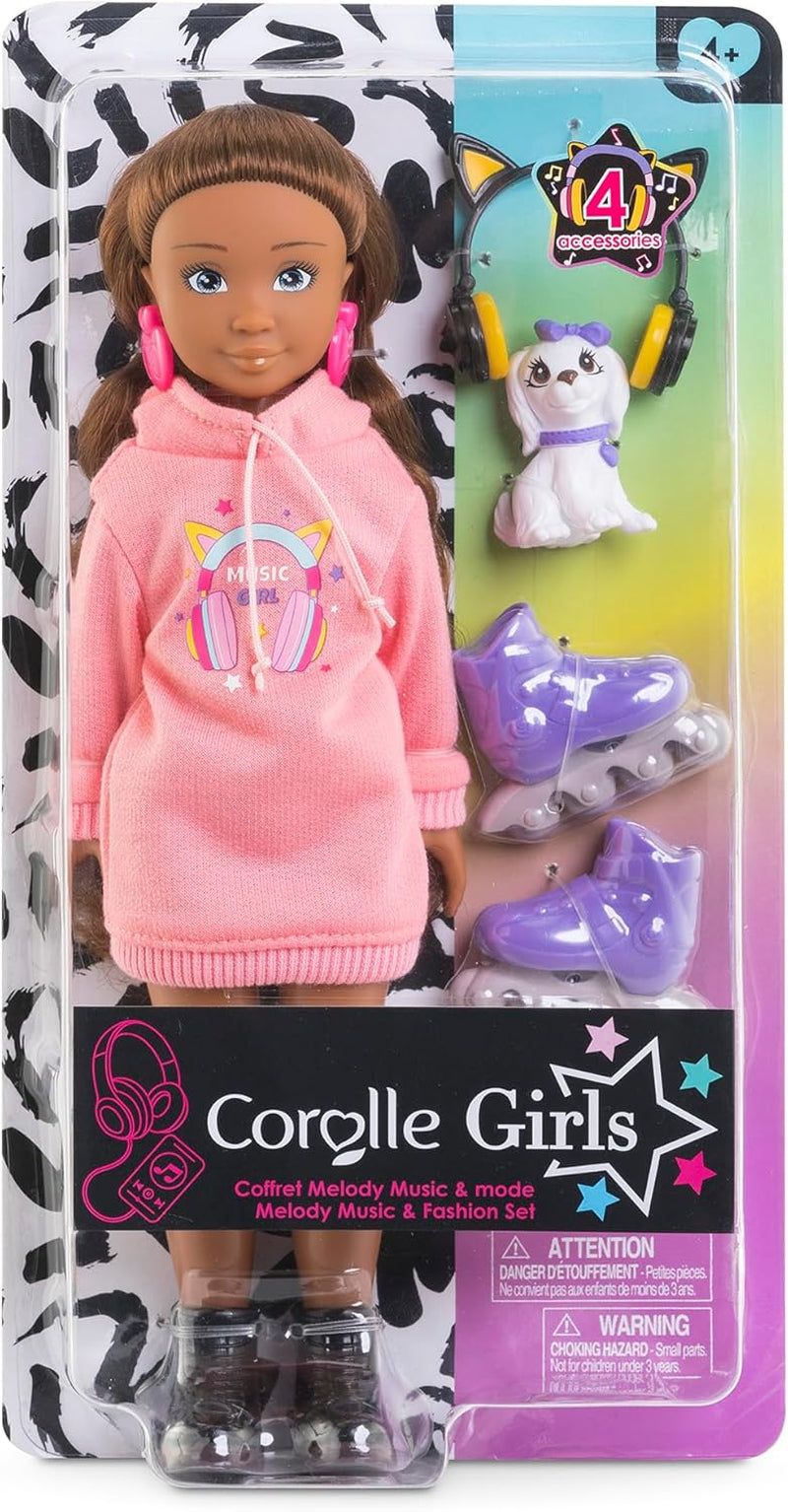 Corolle Girls dallamzene és divatkészlet, Ankleidepuppe im cool Hoodiekleid mit Hund, divatos Kopfhörer, Ohrringe und extra Inlineskates, Vanilleduft, 28cm, ab 4 év