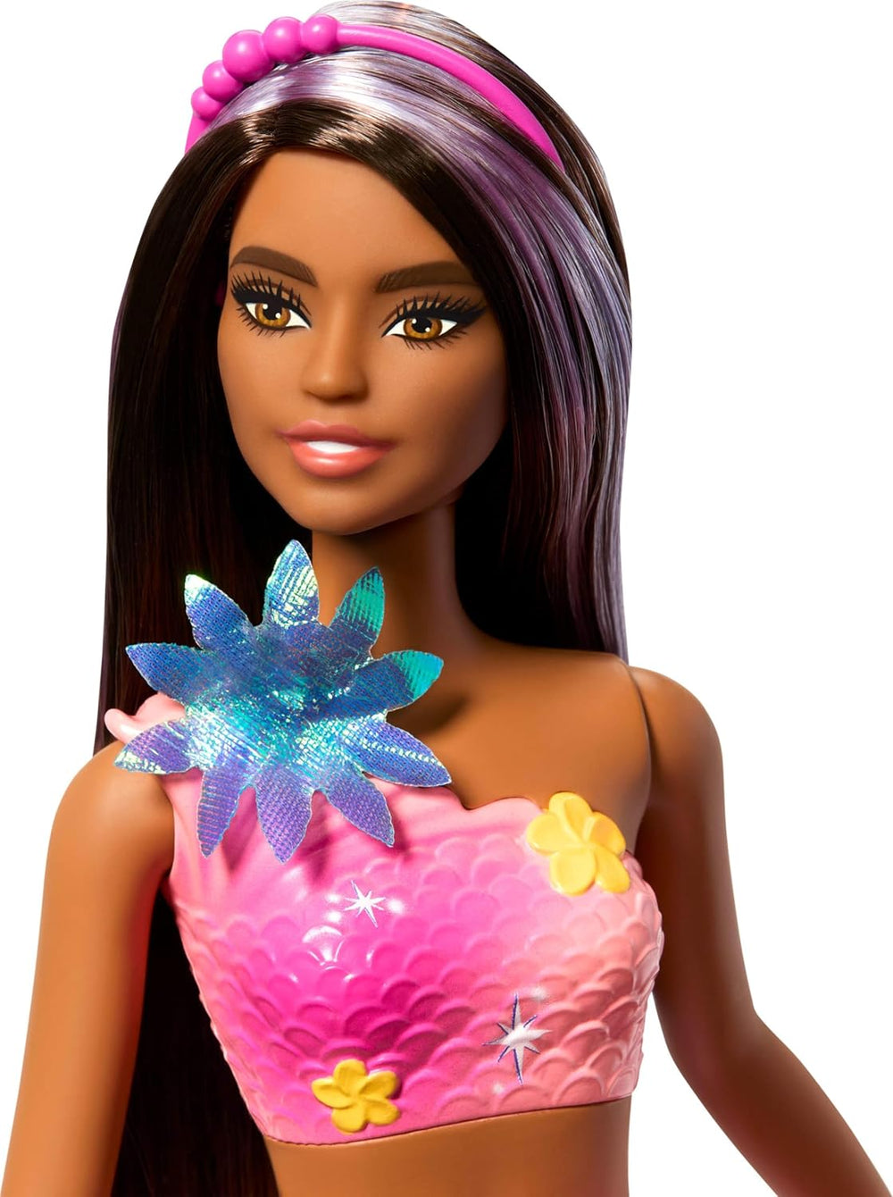 Barbie Meerjungfrauen-Spielzeugpuppe mit magischer Überraschungsblüte, Schwanzflosse mit Farbverlauf, perlenbesetztem Haarreif und langem braunen Haar mit violetten Strähchen, JDM73